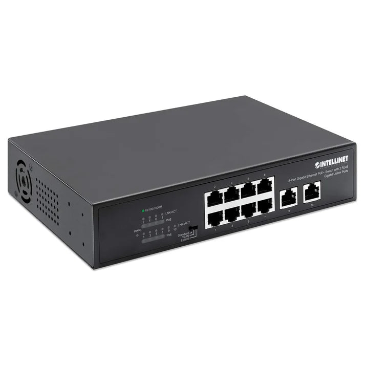 Intellinet 8-Port Gigabit Ethernet PoE+ Switch with 2 RJ45 Gigabit Uplink Ports