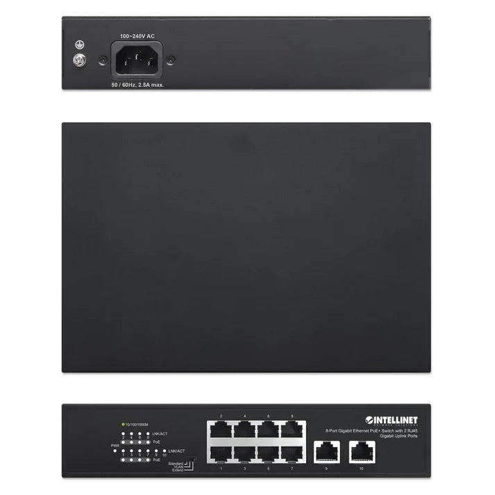 Intellinet 8-Port Gigabit Ethernet PoE+ Switch with 2 RJ45 Gigabit Uplink Ports