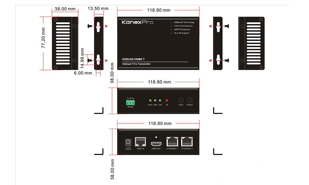 KanexPro 4K HDBaseT™100 Meter HDMI® Extender w/ 2-Port Ethernet Switch