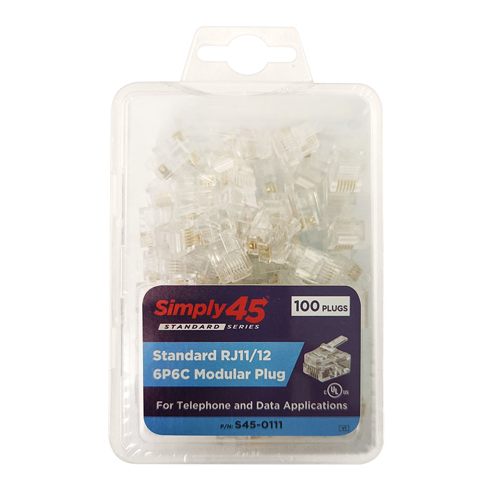 Simply45 Standard RJ11/RJ12 Modular Plugs, Clear Tint - 100PC/Clamshell