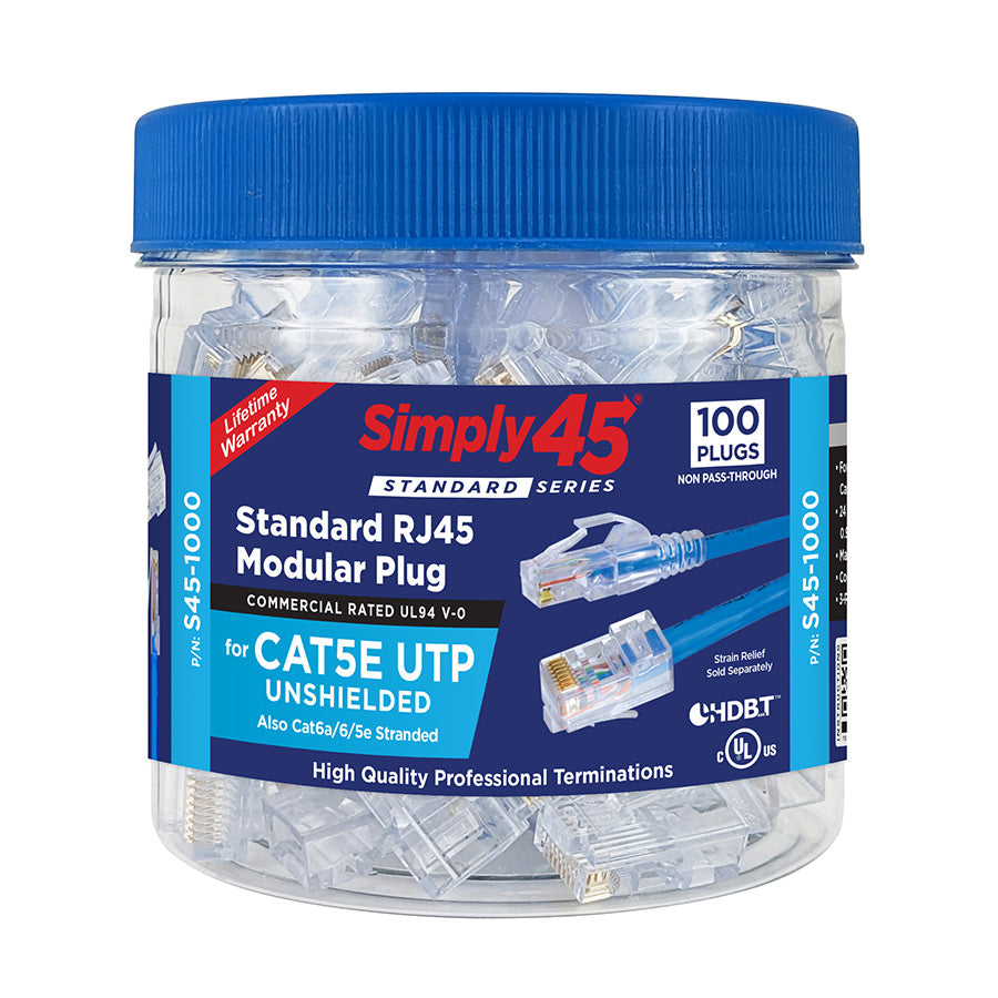 Simply45 Standard Cat5e UTP RJ45 Modular Plugs, Blue Tint - 100pcs/Jar