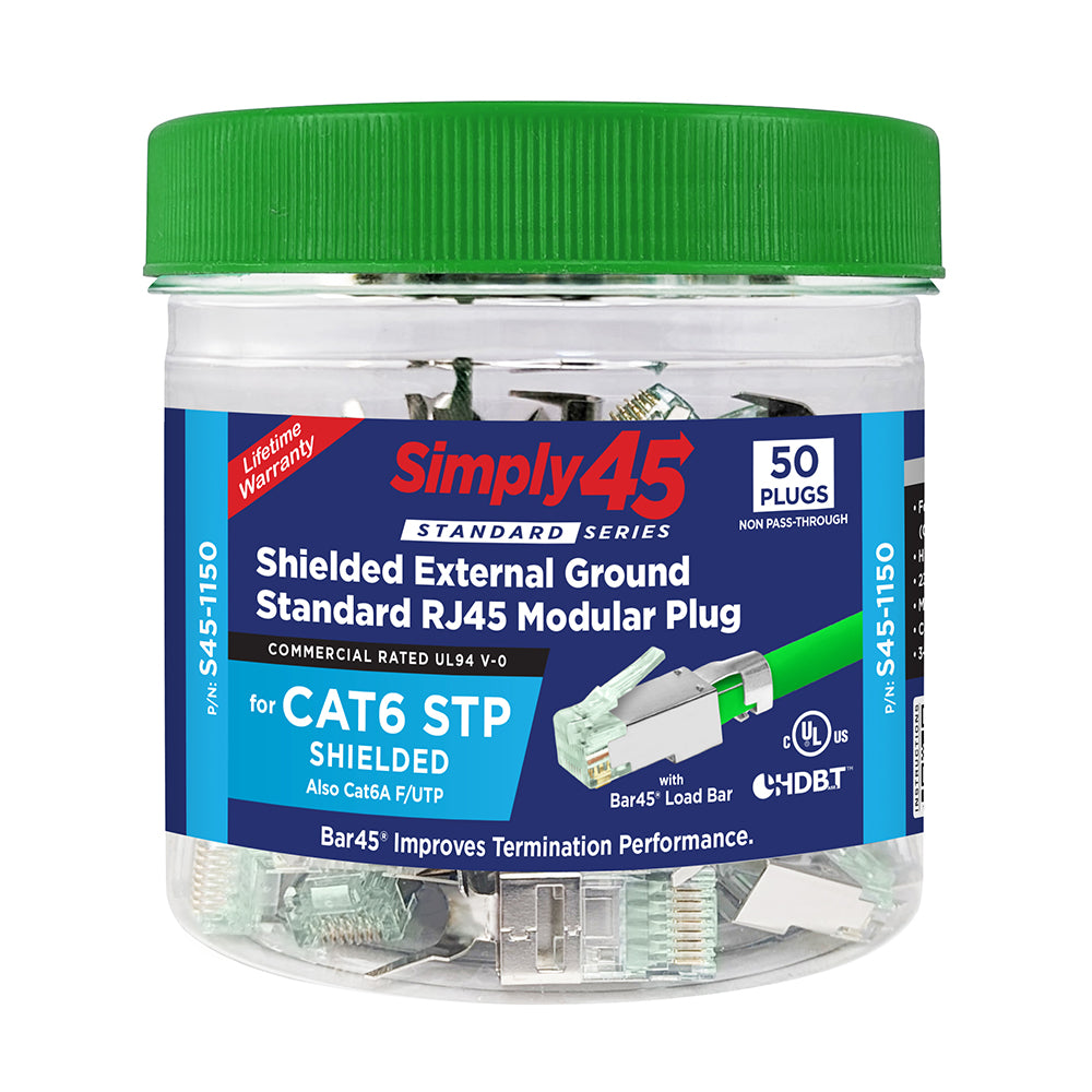 Simply45 Standard Shielded (External Ground) Cat6 STP RJ45 Modular Plugs with Bar45™ Green Tint, Hi/Lo Stagger - 50pcs/Jar