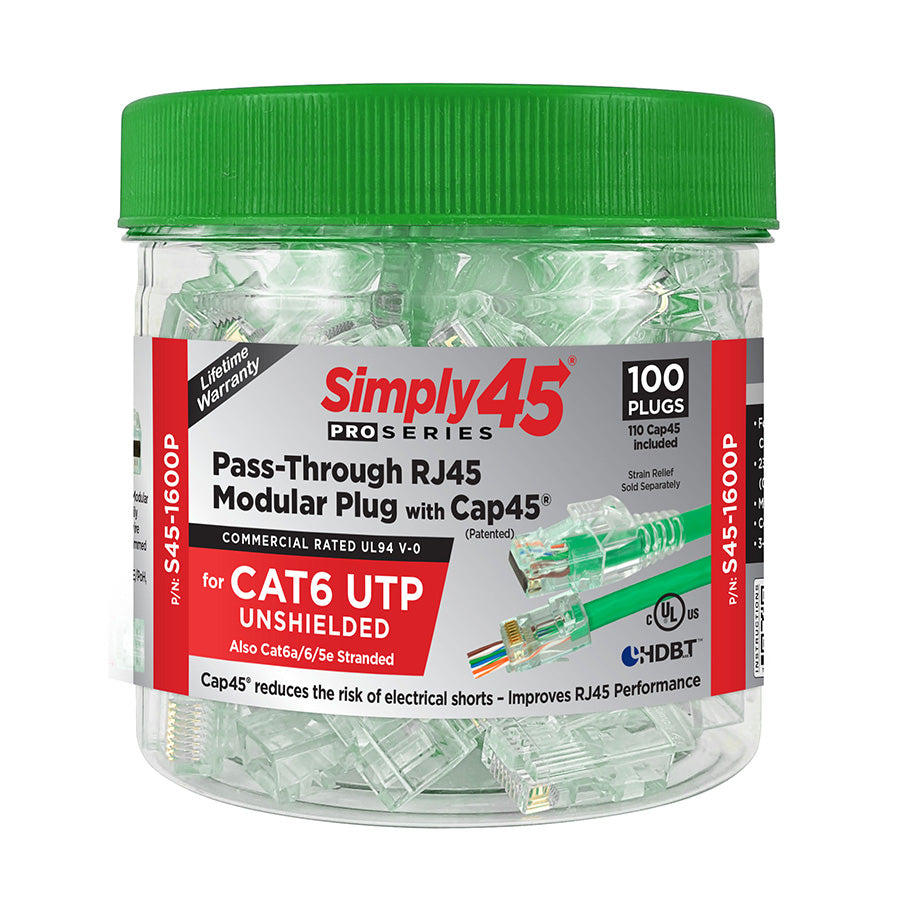 Simply45 ProSeries Cat6 Unshielded Pass-Through RJ45 Modular Plugs with Cap45® 100 pc/Jar